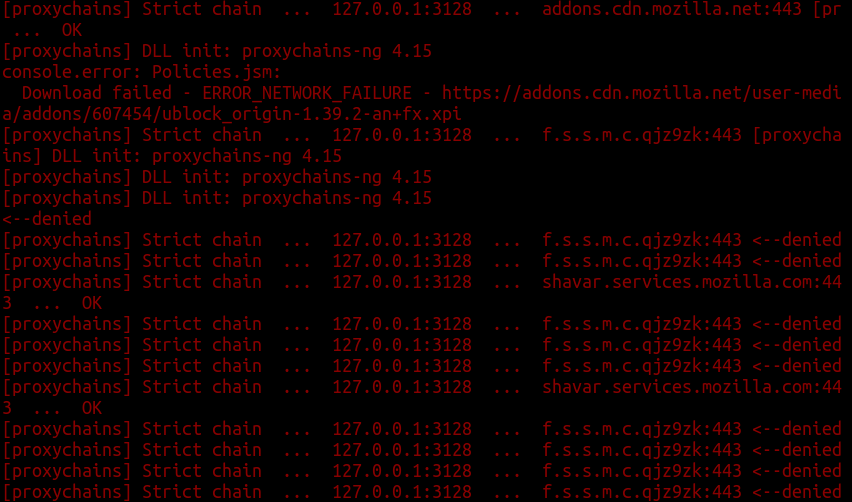 Librewolf connections shows via a terminal running proxychains